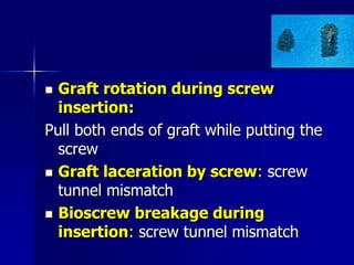 Graft rotation during screw
insertion:
Pull both ends of graft while putting the
screw
 Graft laceration by screw: screw
tunnel mismatch
 Bioscrew breakage during
insertion: screw tunnel mismatch
 