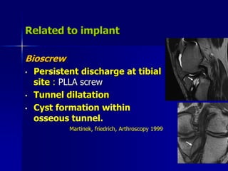 Related to implant
Bioscrew
• Persistent discharge at tibial
site : PLLA screw
• Tunnel dilatation
• Cyst formation within
osseous tunnel.
Martinek, friedrich, Arthroscopy 1999
 
