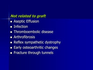 Not related to graft
 Aseptic Effusion
 Infection
 Thromboembolic disease
 Arthrofibrosis
 Reflex sympathetic dystrophy
 Early osteoarthritic changes
 Fracture through tunnels
 