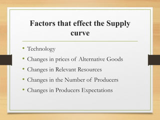 Factors that effect the Supply
curve
•
•
•
•
•

Technology
Changes in prices of Alternative Goods
Changes in Relevant Resources
Changes in the Number of Producers
Changes in Producers Expectations

 