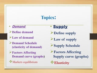 Topics:
• Demand
Define demand
Law of demand
Demand Schedule
(elasticity of demand)

Factors Affecting
Demand curve (graphs)

Markets equilibrium

• Supply
Define supply
Law of supply
Supply Schedule
Factors Affecting
Supply curve (graphs)

Elasticity

 