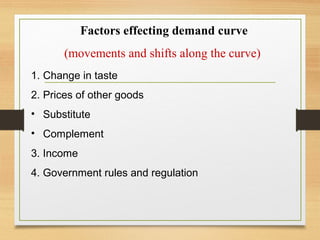 Factors effecting demand curve
(movements and shifts along the curve)
1. Change in taste
2. Prices of other goods
• Substitute
• Complement
3. Income
4. Government rules and regulation

 