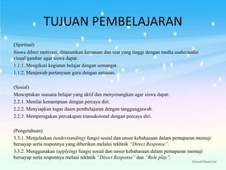 TUJUAN PEMBELAJARAN
(Spiritual)
Siswa diberi motivasi, ditanamkan kemauan dan niat yang tinggi dengan media audio/audio
visual/gambar agar siswa dapat:
1.1.1. Mengikuti kegiatan belajar dengan semangat.
1.1.2. Menjawab pertanyaan guru dengan antusias.
(Sosial)
Menciptakan suasana belajar yang aktif dan menyenangkan agar siswa dapat:
2.2.1. Menilai kemampuan dengan percaya diri.
2.2.2. Menyiapkan tugas daam pembelajaran dengan tanggungjawab.
2.2.3. Memperagakan percakapan transaksional dengan percaya diri.
(Pengetahuan)
3.3.1. Menjelaskan (understanding) fungsi sosial dan unsur kebahasaan dalam pemaparan memuji
bersayap serta responnya yang diberikan melalui tekhnik “Direct Response”.
3.3.2. Menggunakan (applying) fungsi sosial dan unsur kebahasaan dalam pemaparan memuji
bersayap serta responnya melaui tekhnik “Direct Response” dan “Role play”.
 