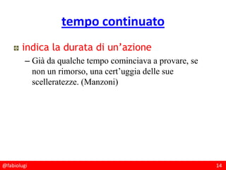 @fabiolugi 14
tempo continuato
indica la durata di un’azione
– Già da qualche tempo cominciava a provare, se
non un rimorso, una cert’uggia delle sue
scelleratezze. (Manzoni)
 