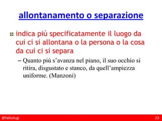 @fabiolugi 23
allontanamento o separazione
indica più specificatamente il luogo da
cui ci si allontana o la persona o la cosa
da cui ci si separa
– Quanto più s’avanza nel piano, il suo occhio si
ritira, disgustato e stanco, da quell’ampiezza
uniforme. (Manzoni)
 
