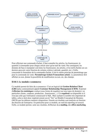 A.Rafaoui ** ENS Tétouan** Université Abdelmalek Essaâdi**DUT 2° ANNEE IPE/IG 2010/2011
Page 15
Pour effectuer une commande d'achat, il faut connaître les articles, les fournisseurs, la
quantité à commander pour chaque article ainsi qu'un tarif de vente. Par conséquent, les
données de base à manipuler sont donc les fournisseurs, les articles, et les tarifs d'achat car ces
derniers peuvent varier fonction de certains critères ( période, quantité, etc.). Enfin,
concernant le formulaire de la commande d'achat, il suit le même principe de paramétrage que
pour la commande de vente :Paramétrage/Achats/Transactions achats. Le paramétreur doit
afficher ou non, donner la possibilité de modification ou non, etc. des champs.
II-B-3. Le module e-commerce
Ce module permet de faire du e-commerce. C'est un logiciel de Gestion Relation Client
(GRC) plus communément appelé Customer Relationship Management (CRM). Il permet
d'effectuer les statistiques voulues (sous forme de requêtes) sur tous types de données ( en
particulier clients, vendeurs, production , fournisseurs,...). Un requêteur est disponible et il
n'est pas utile que l'utilisateur connaissent le SQL. Mais sachant le nombre très important de
tables, celui-ci doit donc impérativement savoir "lire" un Modèle Conceptuel de Données
(MCD) que les éditeurs mettent à disposition. Ensuite ses résultats sont analysés en fonction
des besoins de l'entreprise. En particulier pour ce module, un outil de reporting est associé.
Enfin, ce module permet, suite aux résultats, d'effectuer du e-mailing, des offres marketing.
 