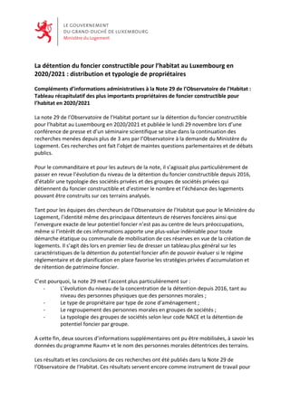 La détention du foncier constructible pour l’habitat au Luxembourg en
2020/2021 : distribution et typologie de propriétair...