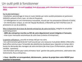 Un outil prêt à fonctionner
Notre engagement : Un outil modélisé, livré clé en main, prêt à fonctionner à partir de Janvier
2013.

Sur le plan technique :
-Installation, paramétrage et mise en route réalisés par notre société prestataire et partenaire
(HIGHCO, présent à Paris, Lyon et à Aix en Provence),
- Un hébergement et une maintenance mutualisés, assurés par nos prestataires (Ghandi et Evolix).
- Un interlocuteur unique, au sein de l’équipe Busiboost, à Marseille qui fait l’interface avec le
prestataire en cas de problème.

Mise à disposition de la base de donnée entreprises de votre territoire: intégrée et actualisée
automatiquement
- 100% des entreprises inscrites au RCS de votre département seront intégrées à l’annuaire.
- mise à jour mensuelle automatique de cette base (création d’entreprises) .

La gestion utilisateurs : assurée en temps réel par nos soins
-Une administration générale de l’outil assurée par une ressource mutualisée dédiée à Marseille :
back office commun pour l’ensemble des plateformes busiboost pour répondre en temps réel à
toutes les demandes des managers de votre territoire (de mise à jour d’informations, ajouts de
sociétés, questions).
-Une formation ad’hoc pour votre animateur local : gestion des packs partenaires, valorisation des
événements, focus entreprises…

> Vous : identifier un correspondant, décisionnaire, porteur du projet dans votre MEDEF pour
organiser le lancement
 
