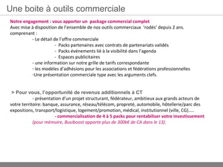 Une boite à outils commerciale
Notre engagement : vous apporter un package commercial complet
Avec mise à disposition de l’ensemble de nos outils commerciaux ‘rodés’ depuis 2 ans.
comprenant :
          - Le détail de l’offre commerciale
                       - Packs partenaires avec contrats de partenariats validés
                       - Packs événements lié à la visibilité dans l’agenda
                       - Espaces publicitaires
          - une information sur notre grille de tarifs correspondante
          - les modèles d’adhésions pour les associations et fédérations professionnelles
          -Une présentation commerciale type avec les arguments clefs.


 > Pour vous, l’opportunité de revenus additionnels à CT
            - présentation d’un projet structurant, fédérateur, ambitieux aux grands acteurs de
votre territoire: banque, assurance, réseau/télécom, propreté, automobile, hôtellerie/parc des
expositions, transport/logistique, logement/promotion, médical, institutionnel (ville, CG)…..
                       - commercialisation de 4 à 5 packs pour rentabiliser votre investissement
            (pour mémoire, Busiboost apporte plus de 300k€ de CA dans le 13).
 