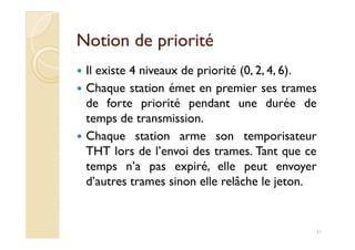 Notion de prioritéNotion de priorité
Il existe 4 niveaux de priorité (0, 2, 4, 6).
Chaque station émet en premier ses trames
de forte priorité pendant une durée de
temps de transmission.temps de transmission.
Chaque station arme son temporisateur
THT lors de l’envoi des trames. Tant que ce
temps n’a pas expiré, elle peut envoyer
d’autres trames sinon elle relâche le jeton.
51
 