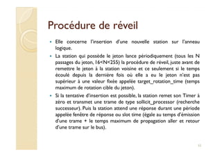 Procédure de réveilProcédure de réveil
Elle concerne l’insertion d’une nouvelle station sur l’anneau
logique.
La station qui possède le jeton lance périodiquement (tous les N
passages du jeton, 16<N<255) la procédure de réveil, juste avant de
remettre le jeton à la station voisine et ce seulement si le temps
écoulé depuis la dernière fois où elle a eu le jeton n’est pas
supérieur à une valeur fixée appelée target_rotation_time (tempssupérieur à une valeur fixée appelée target_rotation_time (temps
maximum de rotation cible du jeton).
Si la tentative d’insertion est possible, la station remet son Timer à
zéro et transmet une trame de type sollicit_processor (recherche
successeur). Puis la station attend une réponse durant une période
appelée fenêtre de réponse ou slot time (égale au temps d’émission
d’une trame + le temps maximum de propagation aller et retour
d’une trame sur le bus).
52
 