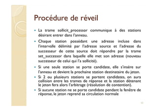Procédure de réveilProcédure de réveil
La trame sollicit_processor communique à des stations
désirant entrer dans l’anneau.
Chaque station possédant une adresse incluse dans
l’intervalle délimité par l’adresse source et l’adresse du
successeur de cette source doit répondre par la trame
set_successor dans laquelle elle met son adresse (nouveauset_successor dans laquelle elle met son adresse (nouveau
successeur de celui qui l’a sollicité).
Si une seule station se porte candidate, elle s’insère sur
l’anneau et devient la prochaine station destinataire du jeton.
Si 2 ou plusieurs stations se portent candidates, on aura
collision entre les trames de réponse et la station détenant
le jeton fera alors l’arbitrage (résolution de contention).
Si aucune station ne se porte candidate pendant la fenêtre de
réponse, le jeton reprend sa circulation normale
53
 