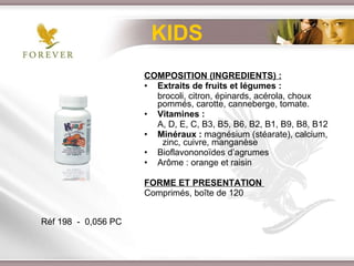 COMPOSITION (INGREDIENTS) : Extraits de fruits et légumes :   brocoli, citron, épinards, acérola, choux  pommés, carotte, canneberge, tomate. Vitamines :   A, D, E, C, B3, B5, B6, B2, B1, B9, B8, B12 Minéraux :  magnésium (stéarate), calcium,  zinc, cuivre, manganèse Bioflavononoïdes d’agrumes  Arôme : orange et raisin FORME ET PRESENTATION  Comprimés, boîte de 120 KIDS Réf 198  -  0,056 PC 