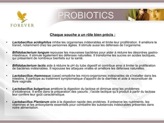 Chaque souche a un rôle bien précis : Lactobacillus acidophilus  inhibe les organismes indésirables et limite leur prolifération. Il améliore le transit, notamment chez les personnes âgées. Il stimule aussi les défenses de l’organisme. Bifidobacterium longum   repousse les mauvaises bactéries pour aider à réduire les désordres gastro-intestinaux. Il stimule également les défenses naturelles. Il transforme les sucres en acides lactiques, qui présentent de nombreux bienfaits sur la santé. Bifidobacterium lactis  aide à réduire le pH du tube digestif et contribue ainsi à limiter la prolifération de bactéries indésirables. Il repousse les attaques virales et améliore les défenses naturelles. Lactobacillus rhamnosus  (casei) empêche les micro-organismes indésirables de s’installer dans les intestins. Il participe au traitement symptomatique d'appoint de la diarrhée et aide à reconstituer de flore vaginale.  Lactobacillus bulgaricus  améliore la digestion du lactose et diminue ainsi les problèmes d’intolérance. Il entre dans la préparation des yaourts ; l’acide lactique qu’il produit à partir du lactose leur confère leur goût caractéristique.  Lactobacillus Plantarum  aide à la digestion rapide des protéines. Il préserve les nutriments, les vitamines et les antioxydants essentiels pour combattre les substances indésirables présentes dans notre alimentation. PROBIOTICS 