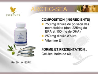 ARCTIC-SEA COMPOSITION (INGREDIENTS) 750 mg d’huile de poisson des mers froides (dont 225mg de EPA et 150 mg de DHA) 250 mg d’huile d’olive  Vitamine E FORME ET PRESENTATION : Gélules, boîte de 60 Réf 39  0,122PC 