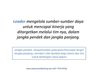 Leader mengelola sumber-sumber daya
untuk mencapai kinerja yang
ditargetkan melalui tim nya, dalam
jangka pendek dan jangka panjang.jangka pendek dan jangka panjang.
Jangka pendek: menyelesaikan pekerjaan/mencapai target
Jangka panjang: memberi nilai tambah bagi sistem dan tim
untuk tantangan masa depan
www.valueconsulttraining.com (021 7919 8730)
 