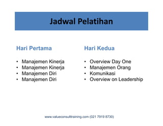 Hari Pertama
• Manajemen Kinerja
Hari Kedua
• Overview Day One
Jadwal Pelatihan
• Manajemen Kinerja
• Manajemen Kinerja
• Manajemen Diri
• Manajemen Diri
• Overview Day One
• Manajemen Orang
• Komunikasi
• Overview on Leadership
www.valueconsulttraining.com (021 7919 8730)
 