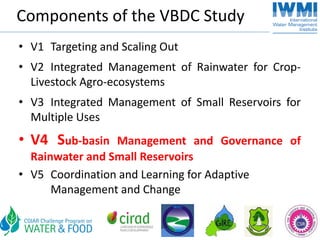 Components of the VBDC Study
• V1 Targeting and Scaling Out
• V2 Integrated Management of Rainwater for Crop‐
  Livestock Agro‐ecosystems
• V3 Integrated Management of Small Reservoirs for
  Multiple Uses
• V4 Sub‐basin   Management and Governance of
  Rainwater and Small Reservoirs
• V5 Coordination and Learning for Adaptive
      Management and Change
 