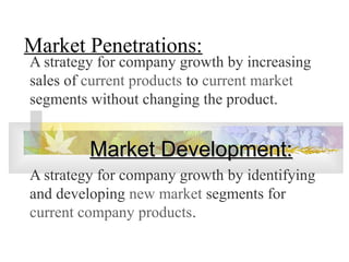 Market Penetrations:
A strategy for company growth by increasing
sales of current products to current market
segments without changing the product.
Market Development:Market Development:
A strategy for company growth by identifying
and developing new market segments for
current company products.
 