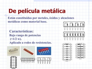 De película metálica Están constituidas por metales, óxidos y aleaciones metálicas como material base. Características: Bajo rango de potencias (<1/2 w). Aplicado a redes de resistencias. 