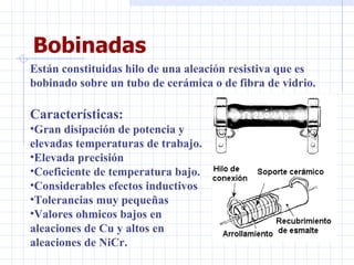 Bobinadas Están constituidas hilo de una aleación resistiva que es bobinado sobre un tubo de cerámica o de fibra de vidrio. Características: Gran disipación de potencia y elevadas temperaturas de trabajo. Elevada precisión  Coeficiente de temperatura bajo.  Considerables efectos inductivos Tolerancias muy pequeñas Valores ohmicos bajos en aleaciones de Cu y altos en aleaciones de NiCr. 