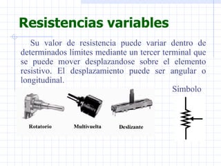 Resistencias variables Su valor de resistencia puede variar dentro de determinados límites mediante un tercer terminal que se puede mover desplazandose sobre el elemento resistivo. El desplazamiento puede ser angular o longitudinal. Símbolo 