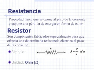 Resistor Símbolo: Unidad:  Ohm [  ] Son componentes fabricados especialmente para que ofrezca una determinada resistencia eléctrica al paso de la corriente. Resistencia Propiedad física que se opone al paso de la corriente y supone una pérdida de energía en forma de calor.   