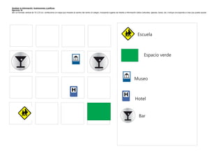 Analizar la información Ilustraciones y gráficos
Ejercicio 18
·En un formato vertical de 15 x 23 cm. confeccione un mapa que muestre el camino del centro al colegio, incluyendo lugares de interés e información (sitios culturales, iglesias, bares, etc.) incluya una leyenda si cree que puede ayudar




                                                                                                                                                       Escuela



                                                                                                                                                               Espacio verde




                                                                                                                                                   Museo



                                                                                                                                                    Hotel


                                                                                                                                                         Bar
 