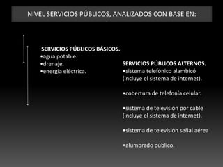 NIVEL SERVICIOS PÚBLICOS, ANALIZADOS CON BASE EN:
SERVICIOS PÚBLICOS BÁSICOS.
•agua potable.
•drenaje.
•energía eléctrica.
SERVICIOS PÚBLICOS ALTERNOS.
•sistema telefónico alambicó
(incluye el sistema de internet).
•cobertura de telefonía celular.
•sistema de televisión por cable
(incluye el sistema de internet).
•sistema de televisión señal aérea
•alumbrado público.
 