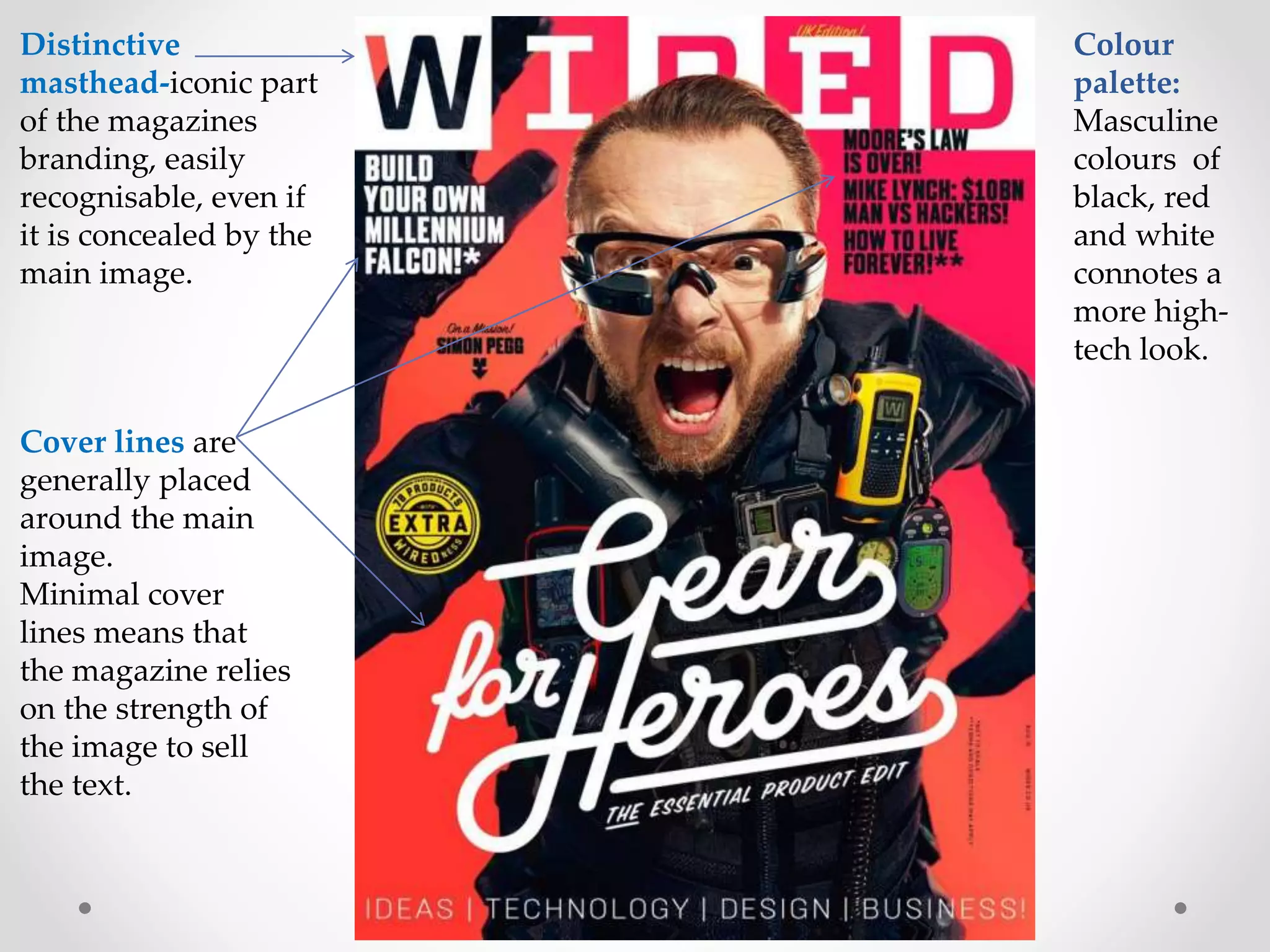 Distinctive
masthead-iconic part
of the magazines
branding, easily
recognisable, even if
it is concealed by the
main image.
Cover lines are
generally placed
around the main
image.
Minimal cover
lines means that
the magazine relies
on the strength of
the image to sell
the text.
Colour
palette:
Masculine
colours of
black, red
and white
connotes a
more high-
tech look.
 