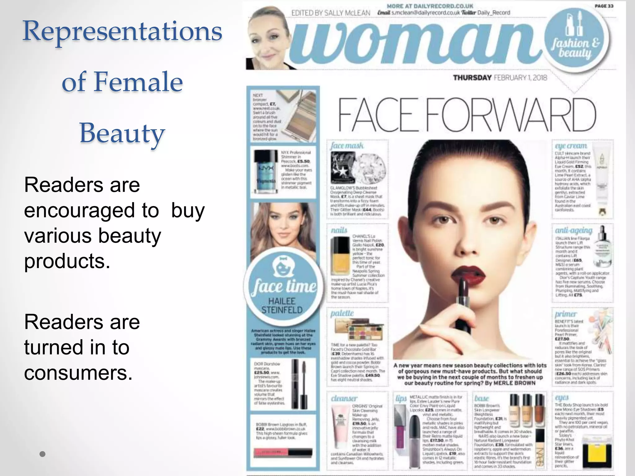Representations
of Female
Beauty
Readers are
encouraged to buy
various beauty
products.
Readers are
turned in to
consumers.
 