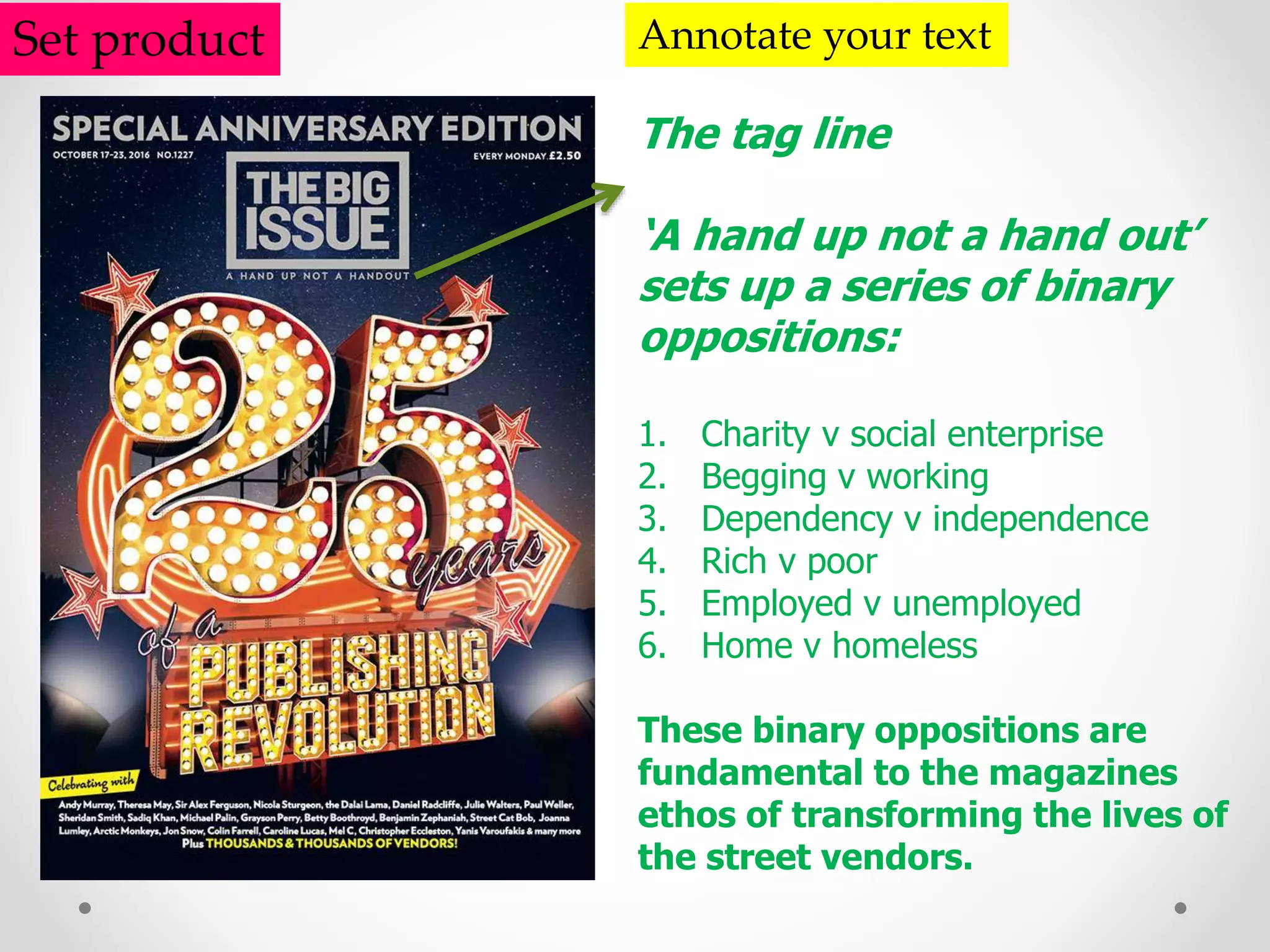Set product Annotate your text
The tag line
‘A hand up not a hand out’
sets up a series of binary
oppositions:
1. Charity v social enterprise
2. Begging v working
3. Dependency v independence
4. Rich v poor
5. Employed v unemployed
6. Home v homeless
These binary oppositions are
fundamental to the magazines
ethos of transforming the lives of
the street vendors.
 