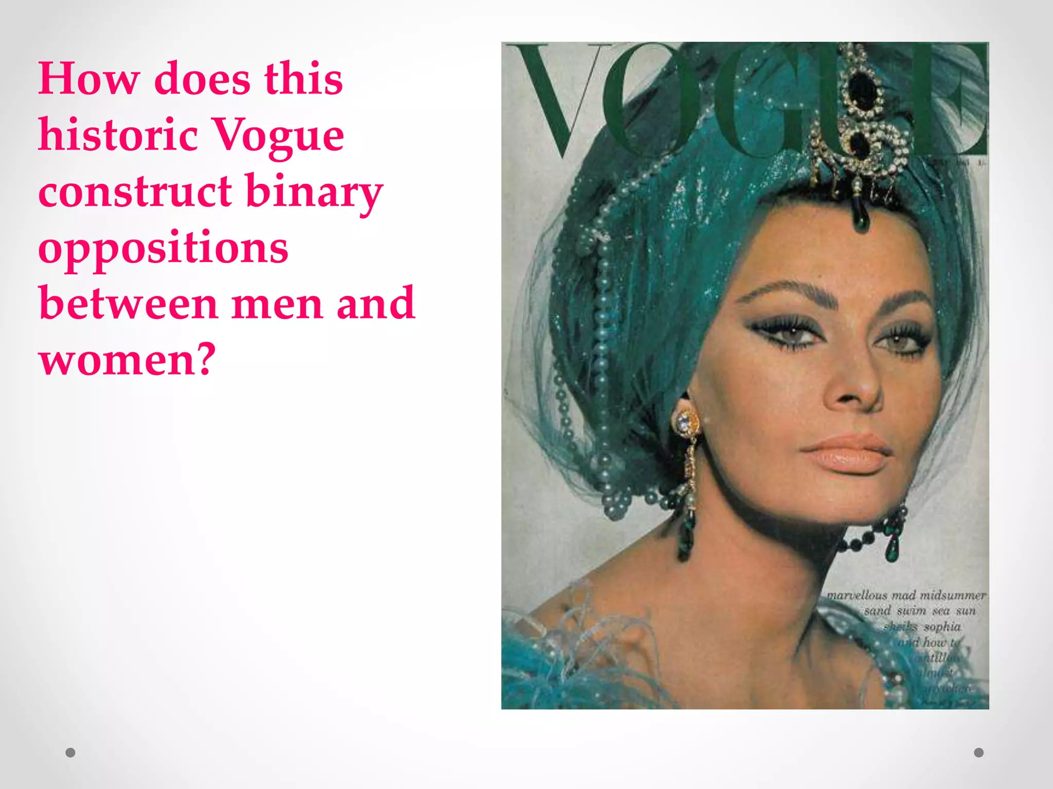 How does this
historic Vogue
construct binary
oppositions
between men and
women?
 