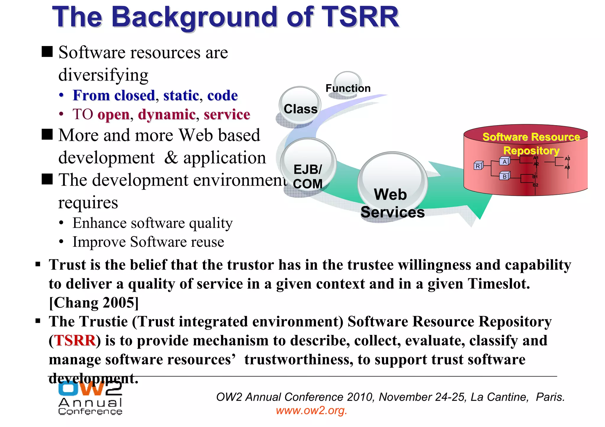 The Background of TSRR
 Software resources are
 diversifying
                                              Function
 • From closed, static, code
        closed static
 • TO open, dynamic, service          Class
      open dynamic
 More and more Web based                                                    Software Resource
                                                                                Repository
 development & application                                              R
                                                                               A
                                                                                    A1
                                                                                    A2
                                                                                          A3


                             EJB/                                                         A4


 The development environment COM                                               B    B1
                                                                                    B2


                                                     Web
 requires                                           Services
  • Enhance software quality
  • Improve Software reuse
Trust is the belief that the trustor has in the trustee willingness and capability
to deliver a quality of service in a given context and in a given Timeslot.
[Chang 2005]
The Trustie (Trust integrated environment) Software Resource Repository
(TSRR) is to provide mechanism to describe, collect, evaluate, classify and
 TSRR
manage software resources’ trustworthiness, to support trust software
development.
                          OW2 Annual Conference 2010, November 24-25, La Cantine, Paris.
                                   www.ow2.org.
 