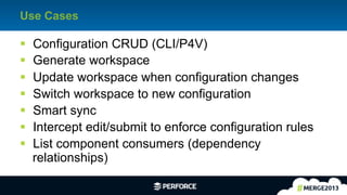 23	
  
Use Cases
§  Configuration CRUD (CLI/P4V)
§  Generate workspace
§  Update workspace when configuration changes
§  Switch workspace to new configuration
§  Smart sync
§  Intercept edit/submit to enforce configuration rules
§  List component consumers (dependency
relationships)
 