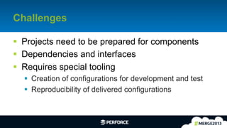 7	
  
Challenges
§  Projects need to be prepared for components
§  Dependencies and interfaces
§  Requires special tooling
§  Creation of configurations for development and test
§  Reproducibility of delivered configurations
 