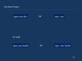 Run React Project
12
npm run dev npx vite
OR
For build
npm run build npx vite build
OR
 