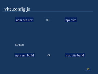 vite.config.js
13
npm run dev npx vite
OR
For build
npm run build npx vite build
OR
 
