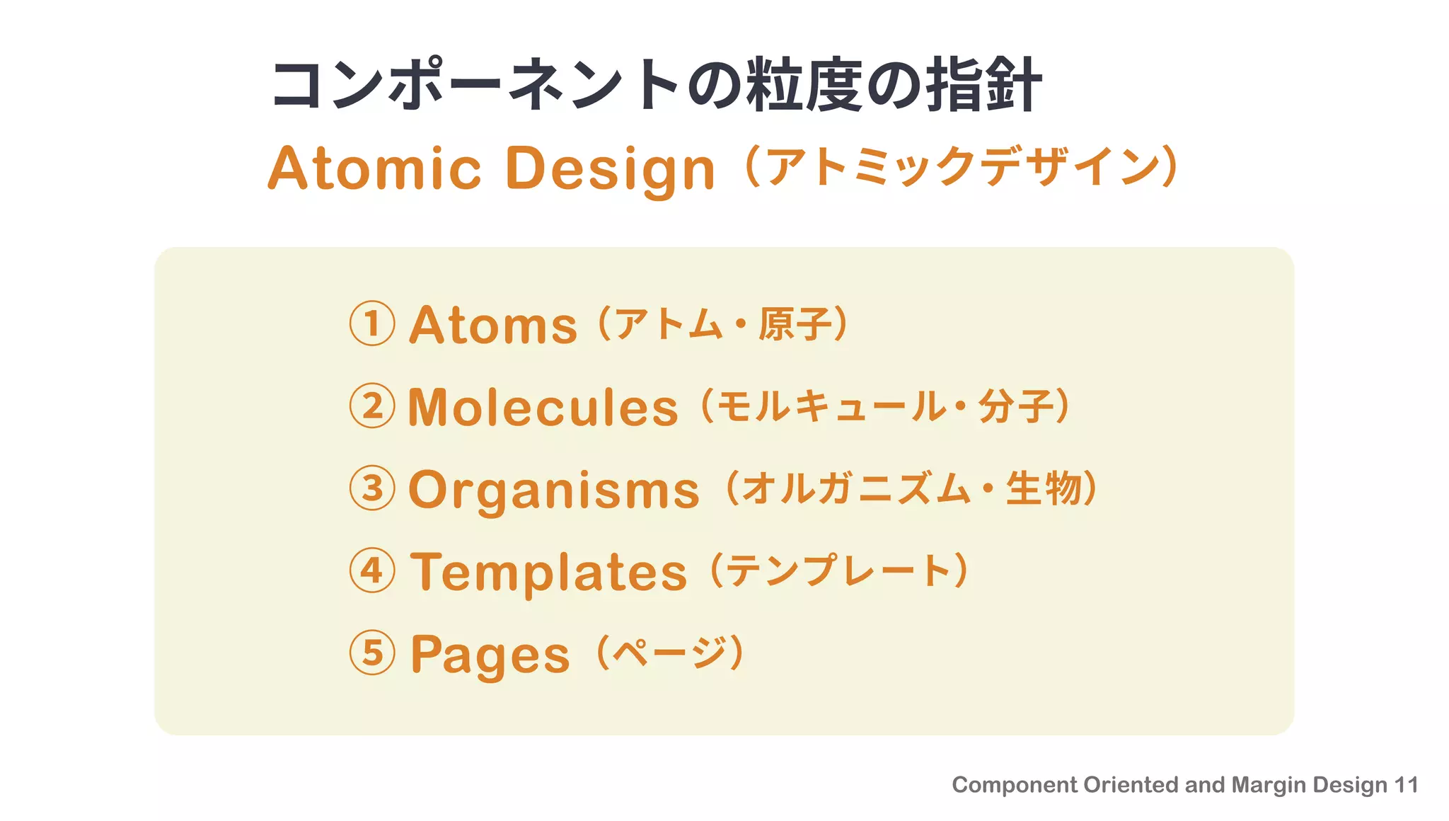 コンポーネントの粒度の指針
Atomic Design（アトミックデザイン）
① Atoms（アトム・原子）
② Molecules（モルキュール・分子）
③ Organisms（オルガニズム・生物）
④ Templates（テンプレート）
⑤ Pages（ページ）
 