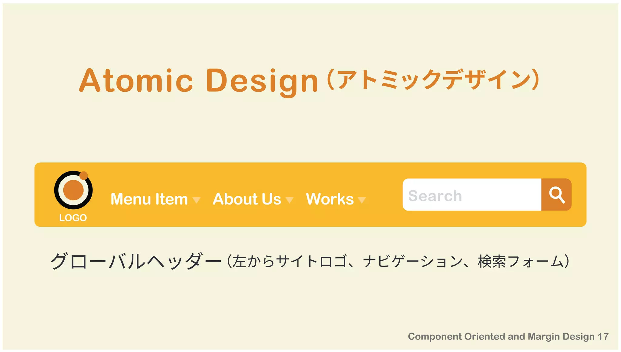 Atomic Design（アトミックデザイン）
グローバルヘッダー（左からサイトロゴ、ナビゲーション、検索フォーム）
Search
LOGO
Menu Item About Us Works
 