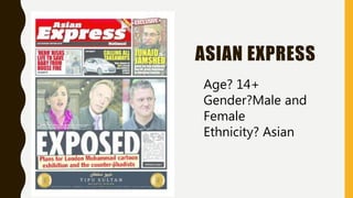 ASIAN EXPRESS
Age? 14+
Gender?Male and
Female
Ethnicity? Asian
 