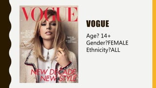 VOGUE
Age? 14+
Gender?FEMALE
Ethnicity?ALL
 