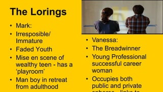 The Lorings
• Mark:
• Irresposible/
Immature
• Faded Youth
• Mise en scene of
wealthy teen - has a
‘playroom’
• Man boy in retreat
from adulthood
• Vanessa:
• The Breadwinner
• Young Professional
successful career
woman
• Occupies both
public and private
 