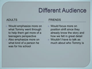 ADULTS                           FRIENDS

   Would emphasize more on         Would focus more on
    what Tommy went through          position shift since they
    to help them get more of a       already know the story and
    teenagers perspective            how we felt in great detail
   Also emphasize more on          Wouldn’t have to talk as
    what kind of a person he         much about who Tommy is
    was for his school
 