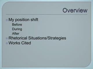  My   position shift
  • Before
  • During
  • After
 RhetoricalSituations/Strategies
 Works Cited
 