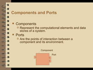 Components and Ports
 Components
 Represent the computational elements and data
stores of a system.
 Ports
 Are the points of interaction between a
component and its environment.
Component
Port
 