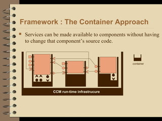 Framework : The Container Approach
 Services can be made available to components without having
to change that component’s source code.
CCM run-time infrastrucure
container
 