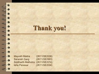 Thank you!Thank you!
Mayukh Maitra (2K11/SE/038)
Saransh Garg (2K11/SE/063)
Siddharth Malhotra (2K11/SE/074)
Isha Panesar (2K11/SE/034)
 