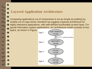 Layered Application Architecture
Composing applications out of components is not as simple as building toy
models out of Lego bricks; therefore we suggest a layered architecture for
highly interactive applications, with well defined functionality at each layer. For
typical information system applications, our architecture model consists of four
layers, as shown in Figure.
 