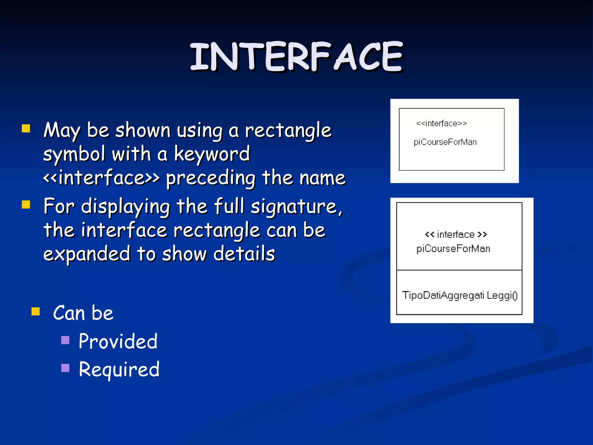 INTERFACE
   May be shown using a rectangle
    symbol with a keyword
    <<interface>> preceding the name
   For displaying the full signature,
    the interface rectangle can be
    expanded to show details

    Can be
       Provided

       Required
 
